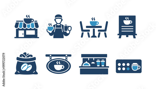 Set of minimalist coffee shop icons showing storefront, barista with cup, cafe table, menu board, coffee beans bag, hanging sign, counter and espresso machine