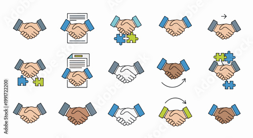 Various handshake illustrations representing business deals and partnerships
