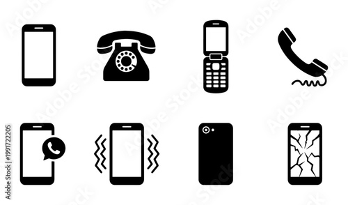 Black telephone and smartphone icon set, 8 communication vector elements, vintage rotary phone and modern mobile device symbols for UI design