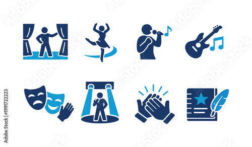 Set of theater and performing arts icons showing curtain call, ballet dancer, singer, guitar music, comedy drama masks, spotlight stage, applause, and script
