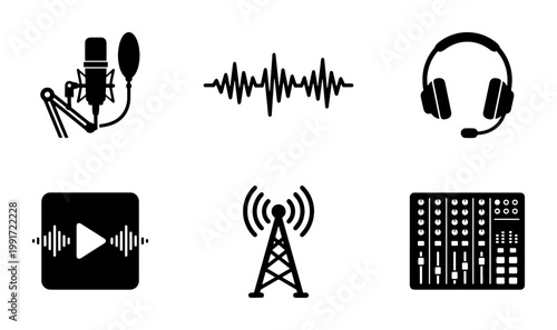 Podcast and radio broadcasting icons set, professional audio recording equipment vector collection, black studio sound symbols for web design