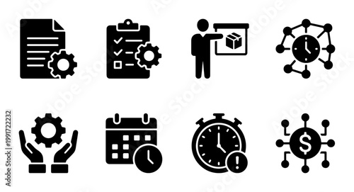Project management icons set, business productivity and workflow optimization symbols, 8 solid black vector elements for corporate planning and time tracking