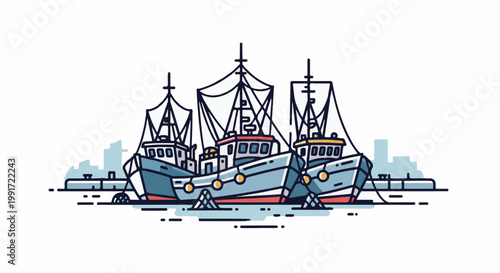 Three fishing boats docked at a harbor with a distant city skyline