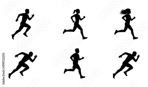 Running silhouettes of men and women, set of 6 athletic joggers in motion, black vector icons of people sprinting for sports and fitness design
