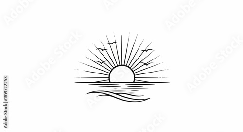 Stylized sunburst over water with birds flying