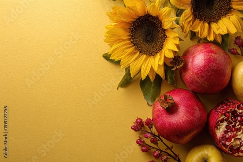Autumnal arrangement of sunflowers, pomegranates and apples on golden surface