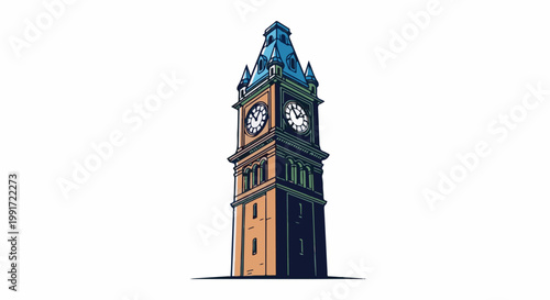 Tall brick tower with a blue, pointed roof and four clock faces