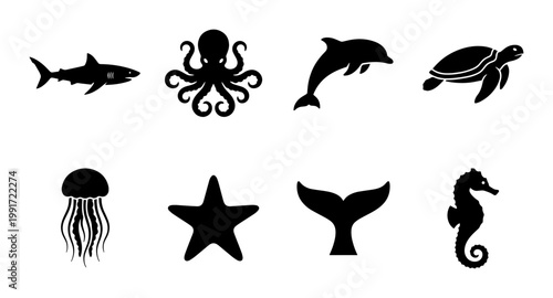 Marine life silhouette icons set, black sea animal vector collection, aquatic creature symbols including shark octopus dolphin and turtle
