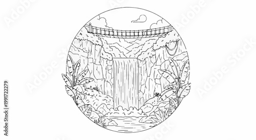 Suspension bridge over a lush jungle waterfall with tropical plants