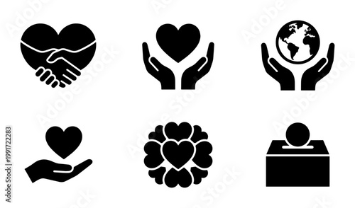 Charity and donation icon set, black silhouette charity symbols, 6 vector icons for non-profit organizations, philanthropy and community support graphics