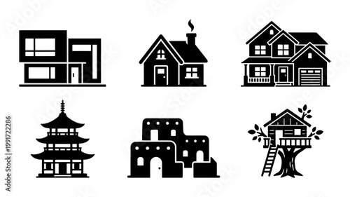 Modern and traditional house icons set, black silhouette building vector collection, residential architecture styles including pagoda and treehouse