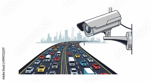 Surveillance camera watches congested highway with city skyline backdrop