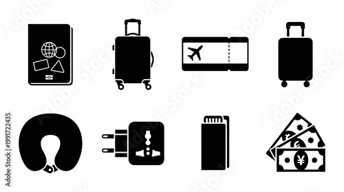 Travel icons set with 8 black vector elements, vacation luggage and passport symbols, airport boarding pass and neck pillow graphics for tourism