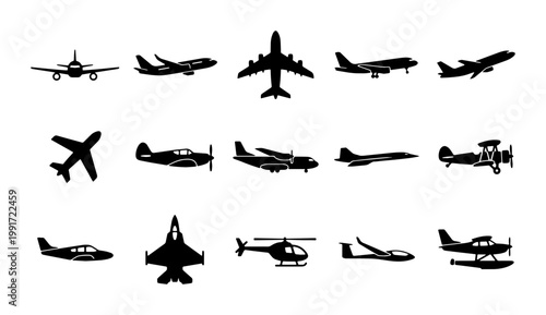 Airplane silhouette vector set, 15 aircraft icons including commercial jets and private planes, black aviation symbols for travel design