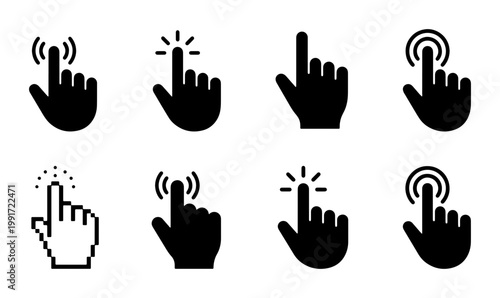 Minimalist hand cursor icon set, black computer mouse click symbols, 8 vector finger pointer signs for website navigation and app interface design