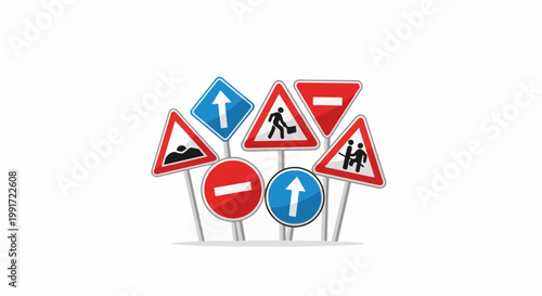 Various road signs including a speed bump, two directional arrows, and people crossing