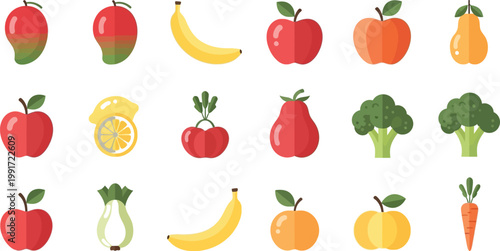 Colorful assortment of fresh fruits and vegetables in a fun illustrated style Vector
