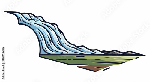 Stylized waterfall cascading over rocky terrain onto a grassy plain