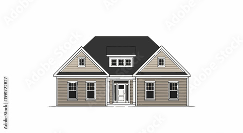 Symmetrical tan house with a dark roof and white trim, featuring multiple windows