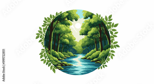 Verdant forest with a flowing stream, encircled by lush green leaves