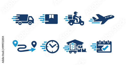 Fast shipping and delivery icons set featuring truck, parcel, courier scooter, airplane, route pin, clock, warehouse checklist, and calendar schedule