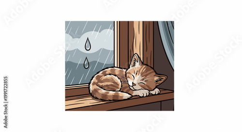 Tabby kitten sleeping peacefully on a windowsill during a rainy day