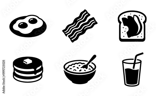 Minimalist breakfast food icon set, black and white vector illustrations of fried eggs, bacon, toast, pancakes, cereal bowl and juice glass