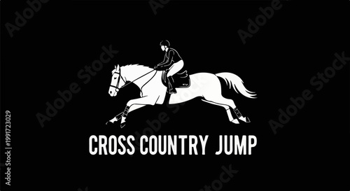 Stylized white silhouette of a horse and rider mid-jump against black