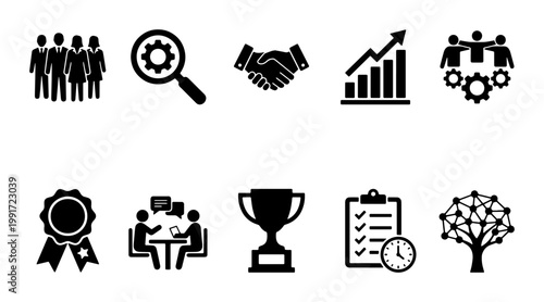 Business management icons set, corporate strategy and teamwork vector symbols, professional leadership and growth graphics for presentation