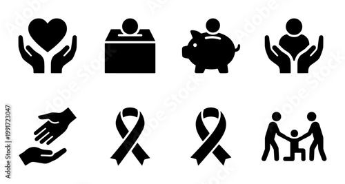 Charity and donation icon set, 8 black vector symbols for non-profit organizations, humanitarian aid and community support graphics