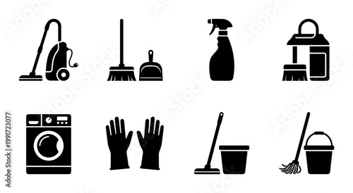 Cleaning service icons set, black silhouette housekeeping tools and equipment, 8 vector elements for home maintenance and sanitation