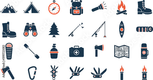 Essential icons for outdoor camping and hiking adventures Vector