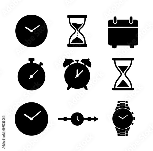 Minimalist time management icon set, black clock and calendar symbols, 9 vector elements for schedule planning and productivity tracking