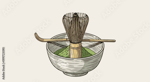 Traditional matcha tea preparation tools in a bowl of green powder