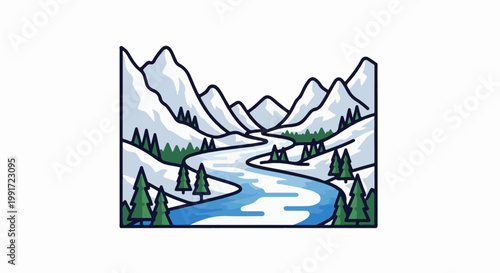 Stylized winter mountain landscape with snow-capped peaks, evergreens, and a winding river