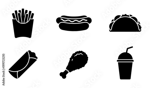 Fast food icon set with 6 black silhouettes, junk food vector elements for restaurant menus, fried chicken and hot dog symbols on white background