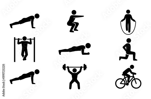 Fitness workout icons set, black stick figure exercise silhouettes, 9 gym training and calisthenics vector elements for sports infographic