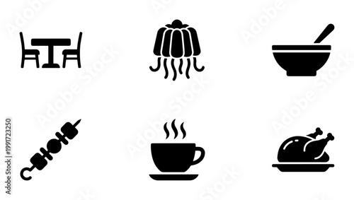 Restaurant and food icons set, black solid vector symbols for dining and catering, 6 culinary elements including roasted chicken and coffee cup
