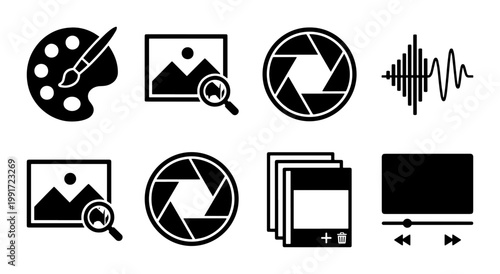Multimedia production icons set, black creative media vector symbols, photography and video editing tools, digital content creation graphics