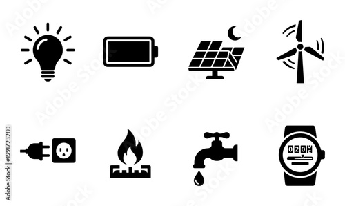 Renewable energy and utility icons set, 8 black vector symbols for sustainable power, green technology and household resource management