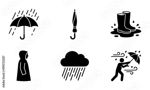 Rainy weather icon set, black silhouette rainy day symbols, 6 vector elements for autumn forecast, umbrella and raincoat graphics