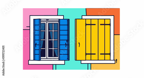 Two open windows with shutters on a colorful building facade