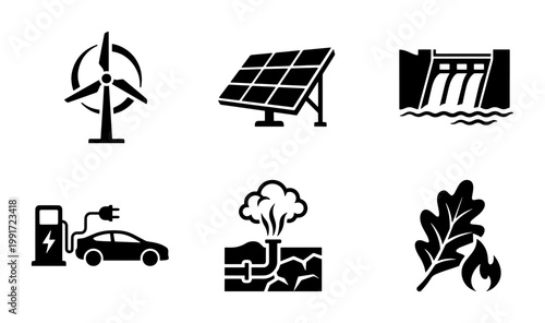 Renewable energy icon set, sustainable power sources vector collection, green technology symbols for wind solar and hydro electricity