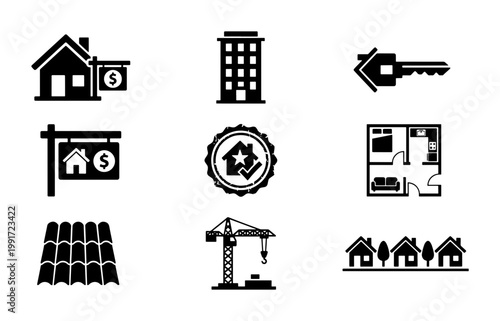 Real estate icon set with 9 black vector symbols, residential property and construction elements, house for sale and floor plan graphics