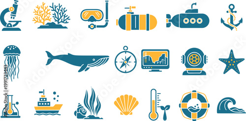 Diverse icons representing marine science, exploration, and oceanography Vector