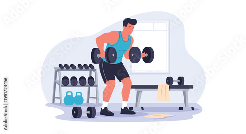 Athletic man performing dumbbell biceps curl exercise.