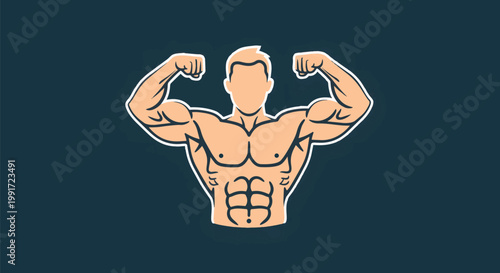 Illustrated Muscular Male Torso Flexing Biceps and Abs.
