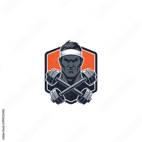 Muscular Male Athlete With Crossed Dumbbells Emblem.