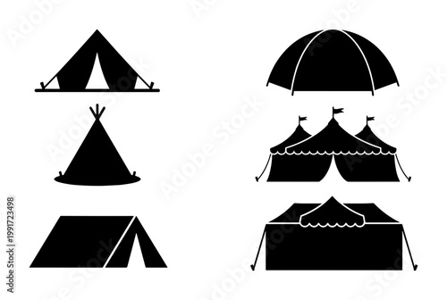 Minimalist camping tent icons set, black silhouette outdoor shelter collection, 6 vector tent symbols for adventure and travel maps
