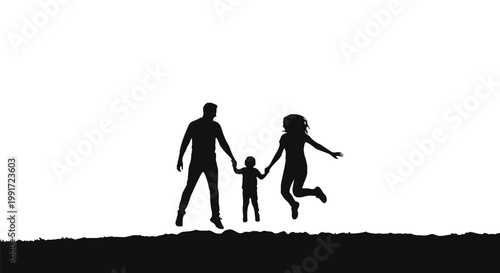 Happy family silhouette jumping together with joy against the beautiful mountain range in this vector graphic illustration